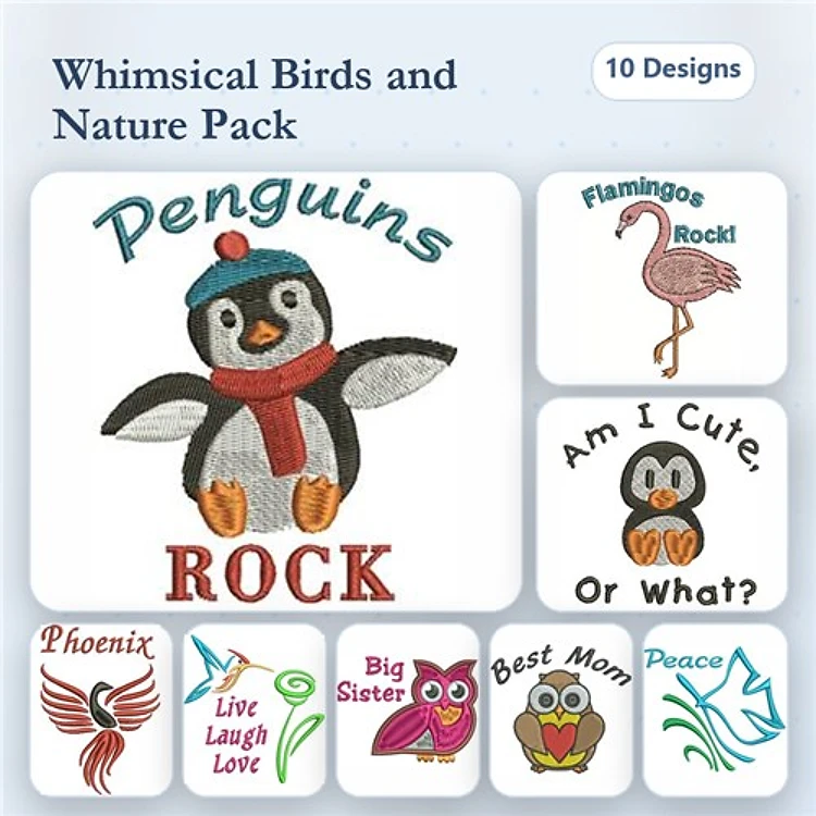 Birds & Sentiments Embroidery Designs Bundle – Penguins Rock, Am I Cute, Or What?, Best Mom & More (10 Designs)