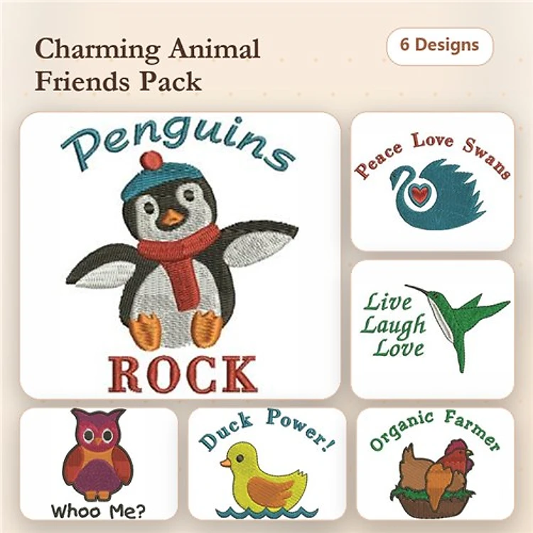 Charming Animal Embroidery Designs Bundle – Penguin with Hat, Peace Love Swans, Owl with Question & More (6 Designs)