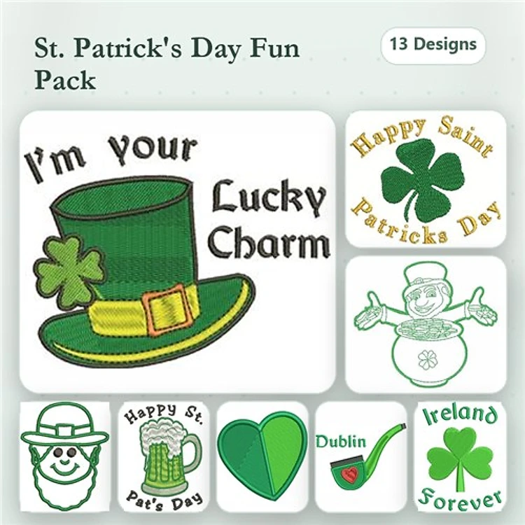 St. Patrick's Day Embroidery Bundle – Lucky Charm Hat, Shamrock, Smiling Leprechaun & More (13 Designs)