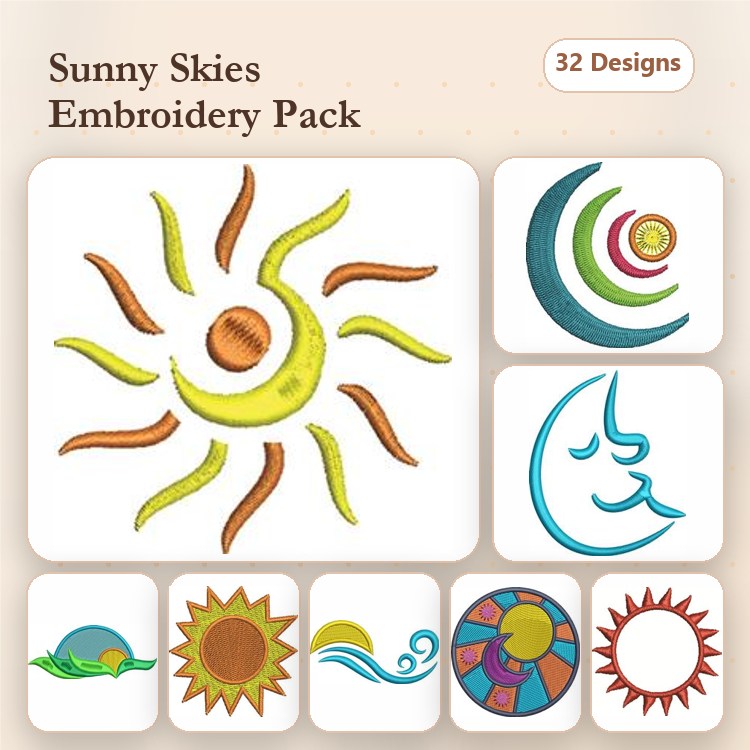 Sun & Moon Embroidery Designs Bundle – Sun with Face, Moon with Face, Colorful Sun & More (32 Designs)