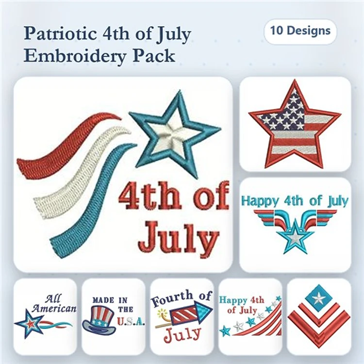 Patriotic Fourth of July Embroidery Designs Bundle – Star with Stripes, Wavy Flag Ribbon, Happy 4th of July & More (10 Designs)
