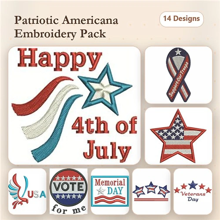 Patriotic Americana Embroidery Designs Bundle – Happy 4th of July, USA, Veterans Day & More (14 Designs)