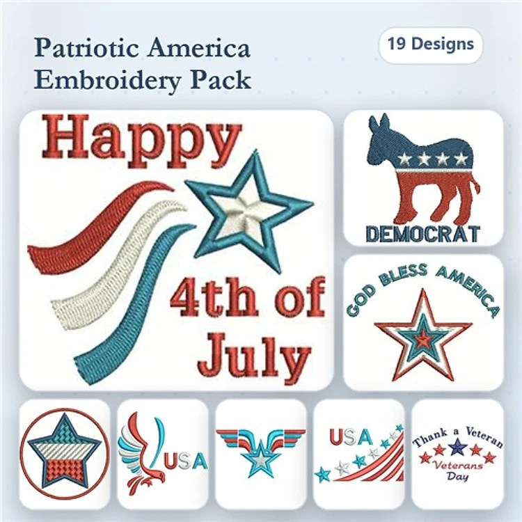 Patriotic Symbols Embroidery Designs Bundle – Happy 4th of July, God Bless America, USA Banner & More (19 Designs)