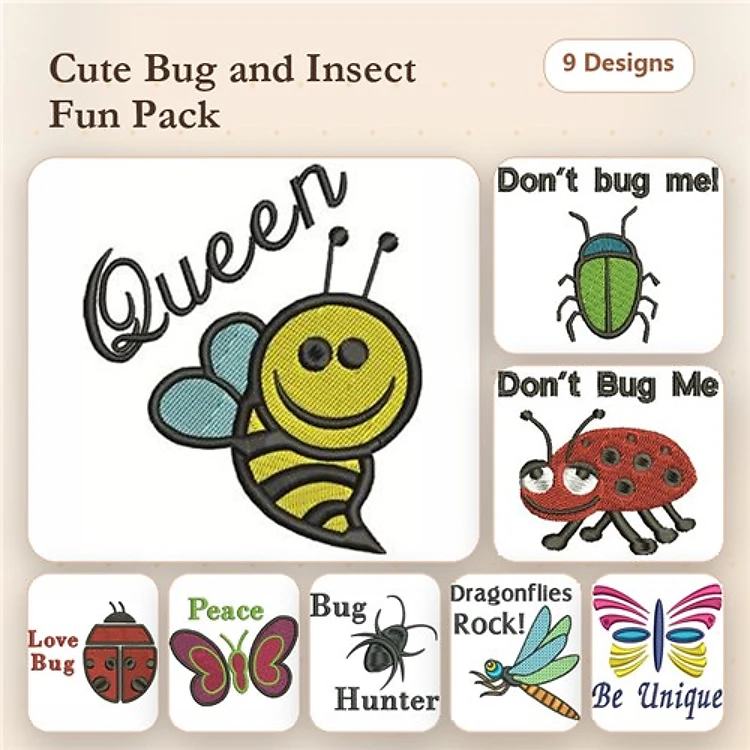 Cute Bugs and Insects Embroidery Designs Bundle – Queen Bee, Ladybug, Love Bug & More (9 Designs)