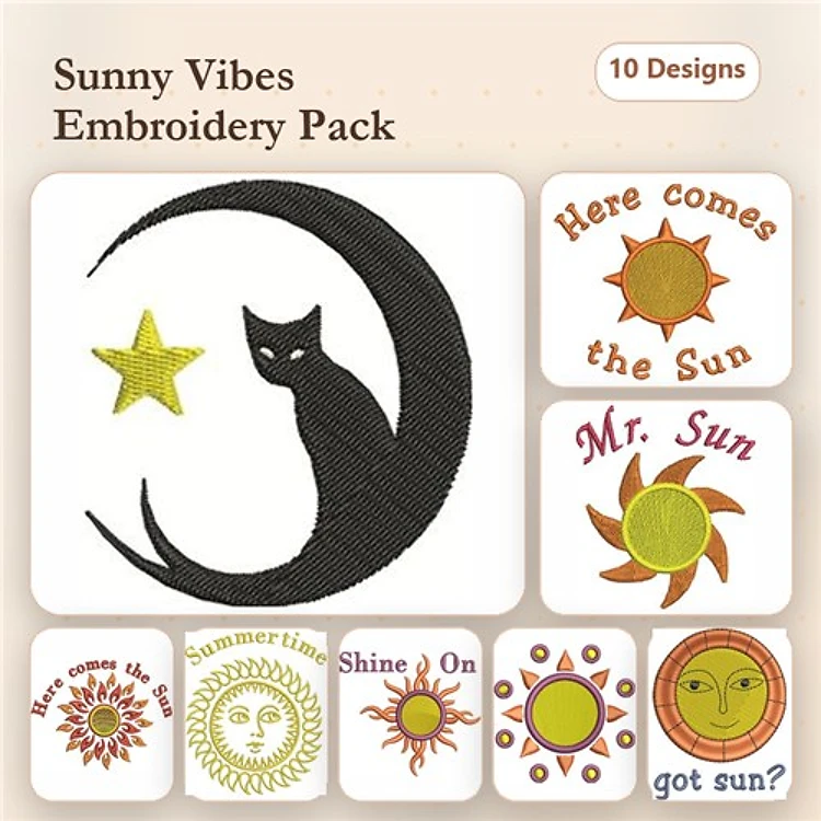 Sunny Celestial Embroidery Designs Bundle – Black Cat on Crescent Moon, Mr. Sun, Here Comes the Sun & More (10 Designs)