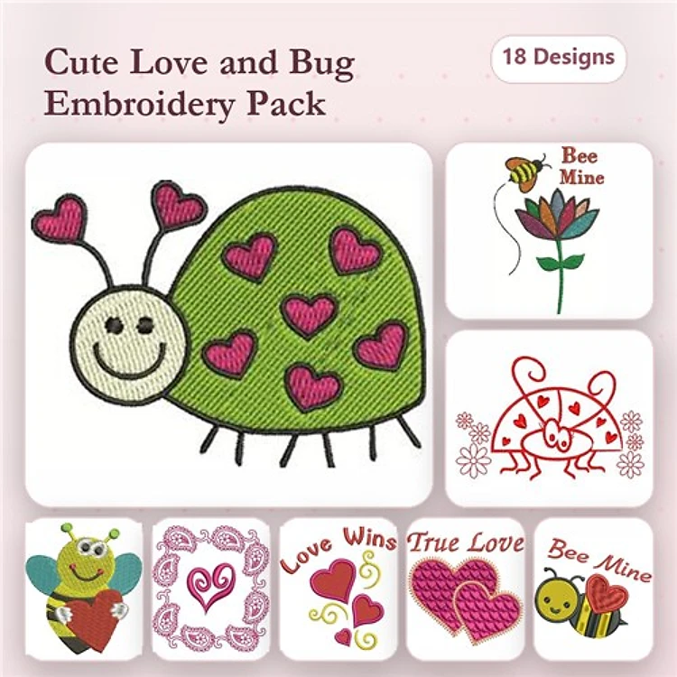 Cute Love-Themed Bugs Embroidery Designs Bundle – Ladybug with Hearts, Bee with Hearts, Love Wins & More (18 Designs)