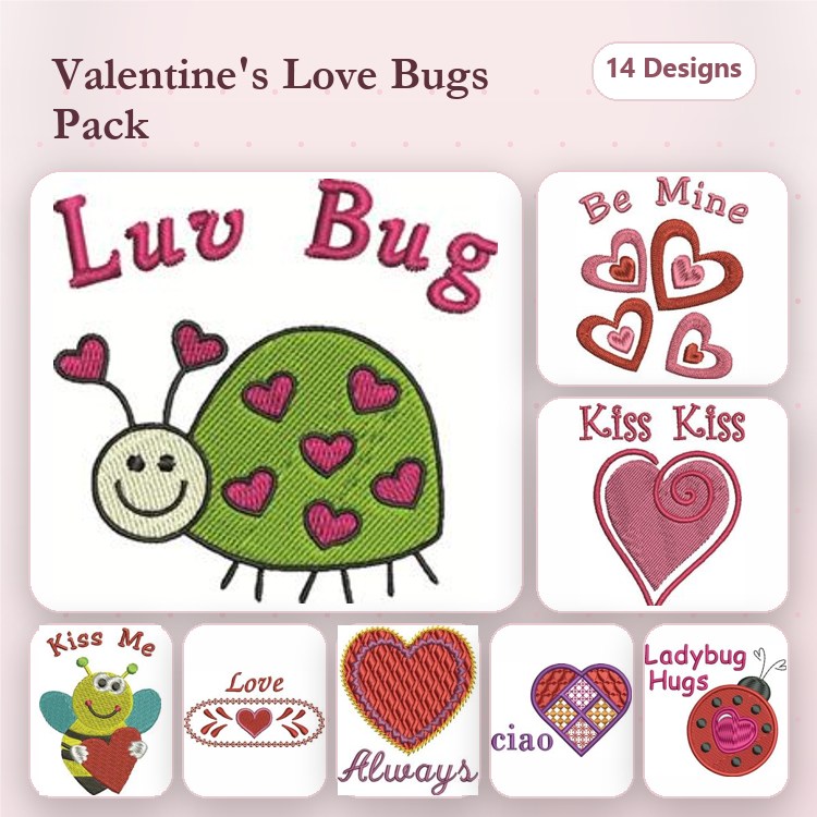 Luv Bug & Hearts Embroidery Designs Bundle – Be Mine, Kiss Me, Happy Valentine's Day & More (14 Designs)