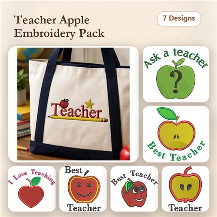 Teacher-Themed Embroidery Designs Bundle – Teacher with Pencil, I Love Teaching, Best Teacher with Apple & More (7 Designs)