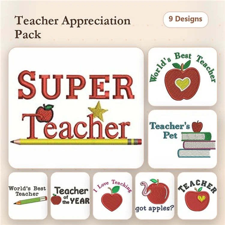 Teacher Appreciation Embroidery Designs Bundle – Super Teacher, World's Best Teacher, Teacher of the Year & More (9 Designs)