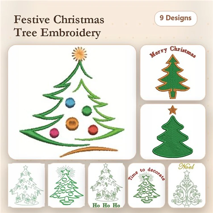 Festive Christmas Trees Embroidery Designs Bundle – Christmas Tree with Ornaments, Merry Christmas Tree, & More (9 Designs)