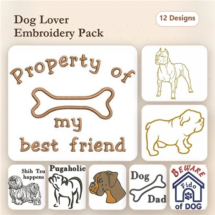 Dog Breed & Accessories Embroidery Bundle – Shih Tzu, Boxer & More (12 Designs)