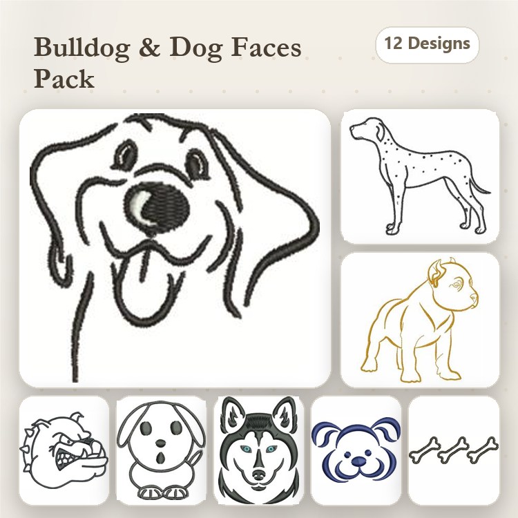 Dog Breed Embroidery Bundle – Pit Bull, Bulldog & More (12 Designs)