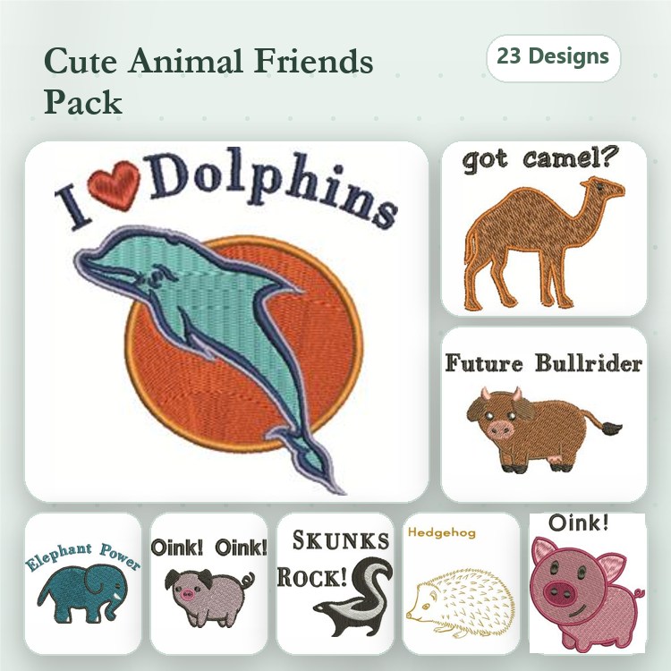 Cute Animal Friends Embroidery Designs Bundle – I Love Dolphins, Got Camel?, Oink! & More (23 Designs)