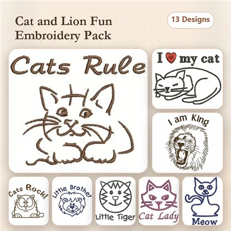 Redwork Cat and Lion Fun Embroidery Designs Bundle – Cats Rule, I Love My Cat, I am King & More (13 Designs)
