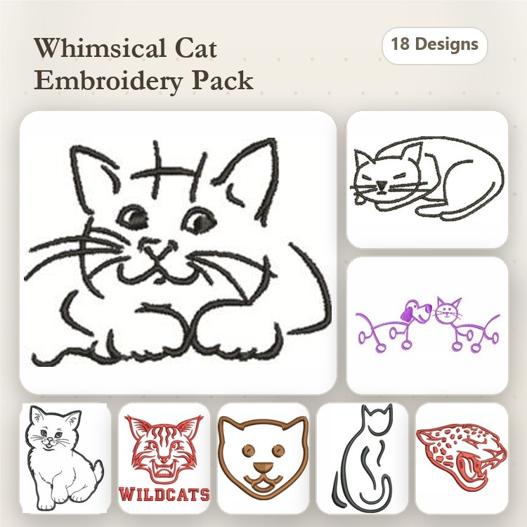 Redwork Whimsical Cat Embroidery Designs Bundle – Cat Face, Sleeping Cat, Playful Kittens & More (18 Designs)