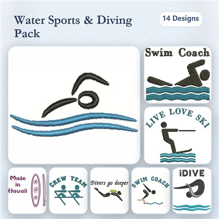 Water Sports & Diving Embroidery Bundle – Swim Coach, Crew Team, Divers Go Deeper & More (14 Designs)