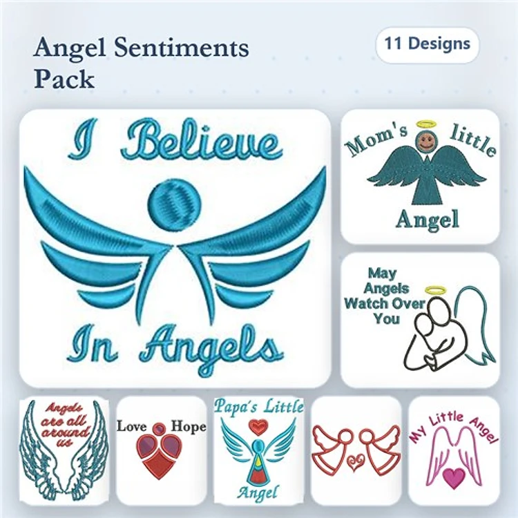 Angel Sentiment Embroidery Designs Bundle – I Believe in Angels, My Angels Watch Over You, & More (11 Designs)