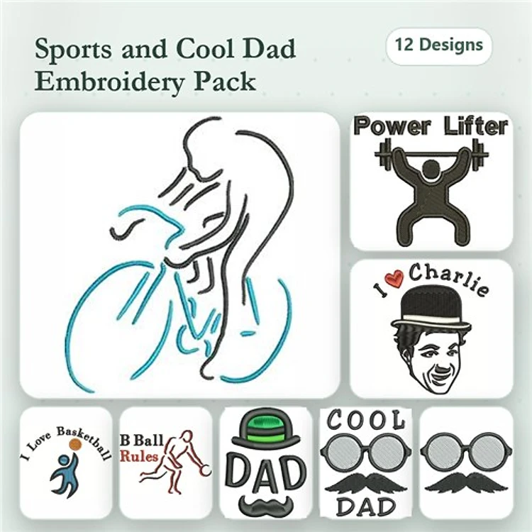 Sports & Cool Dad Embroidery Designs Bundle – Bicycle Rider, Power Lifter, Cool Dad & More (12 Designs)