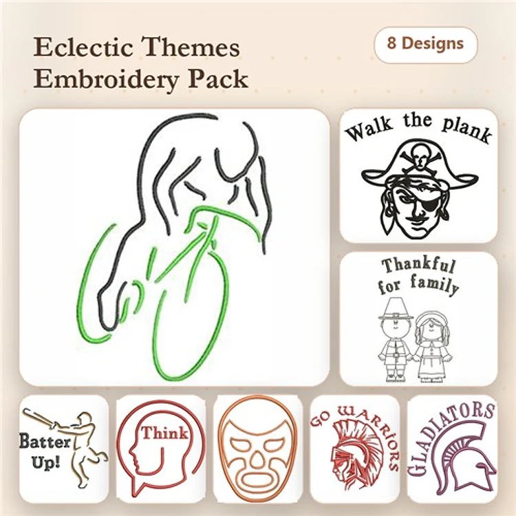 Eclectic Themes Embroidery Designs Bundle – Pirate with Hat, Thankful for Family, Luchador Mask & More (8 Designs)