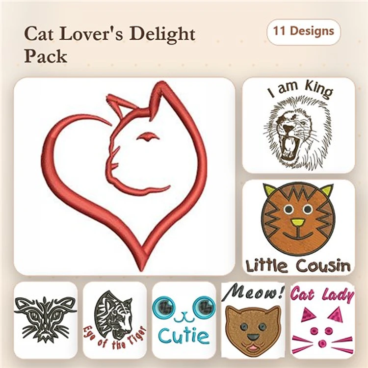Redwork Cat Themed Embroidery Designs Bundle – Cat Heart Outline, Lion Face, Tiger Face & More (11 Designs)