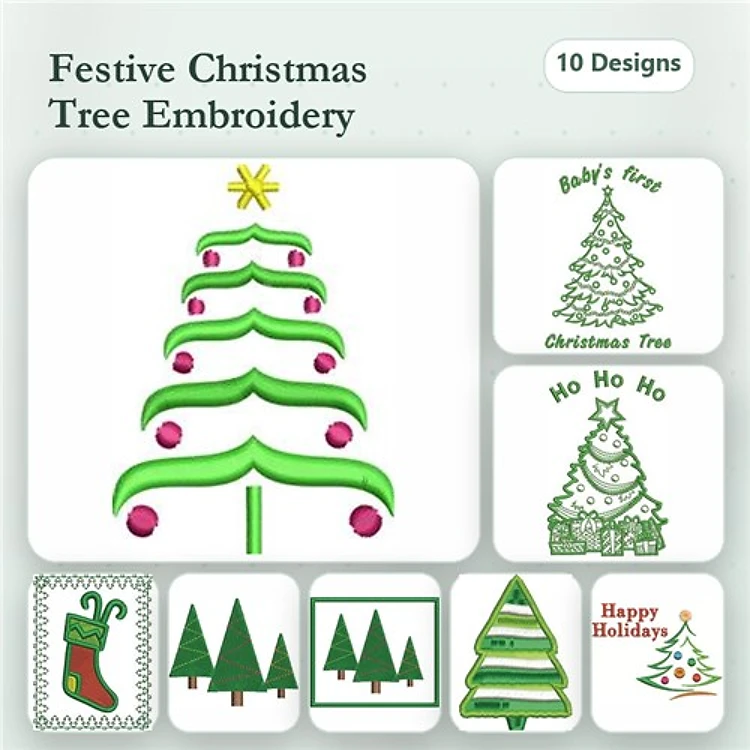 Christmas Tree Embroidery Designs Bundle – Decorated Tree, Baby's First Tree, Ho Ho Ho & More (10 Designs)
