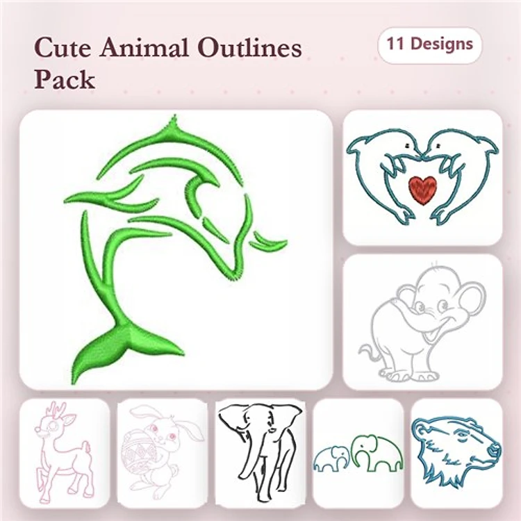 Redwork Cute Animal Embroidery Designs Bundle – Dolphin, Love Birds, Elephant & More (11 Designs)