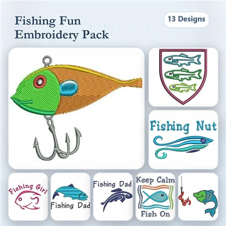 Fishing Embroidery Designs Bundle – Fishing Girl, Fishing Dad, Keep Calm Fish On & More (13 Designs)