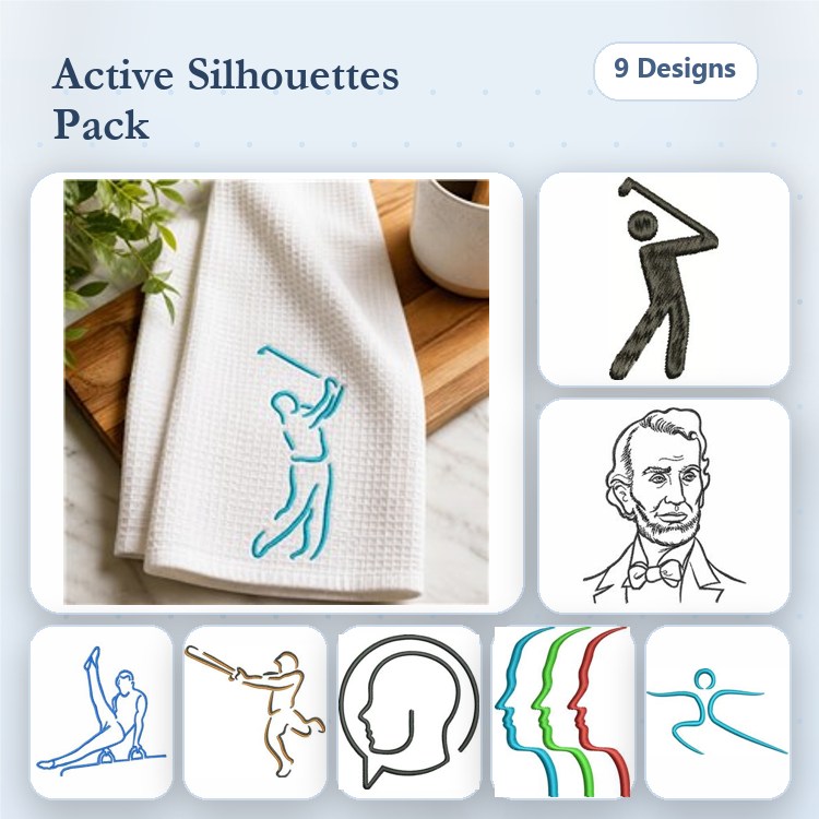 Redwork Active Silhouettes Embroidery Bundle – Golfer, Yoga Pose, Baseball Player, Runner & More (9 Designs)
