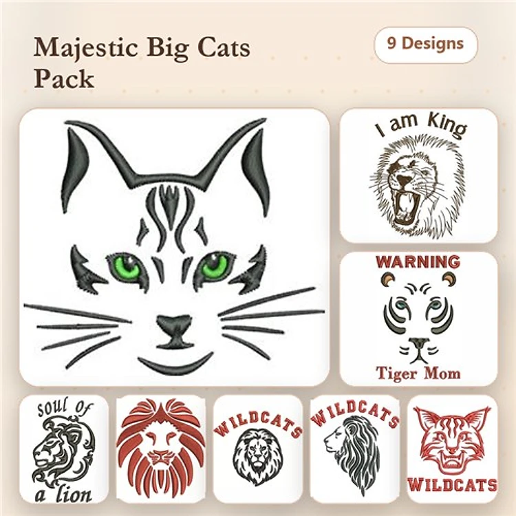 Wild Animal Embroidery Designs Bundle – Tiger Face, Lion Head with Mane, Lioness Face & More (9 Designs)