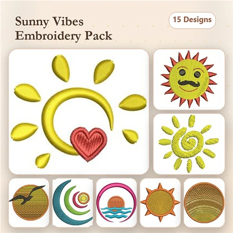 Sunny Themed Embroidery Designs Bundle – Smiling Sun, Radiant Sun, Sunset Silhouette & More (15 Designs)