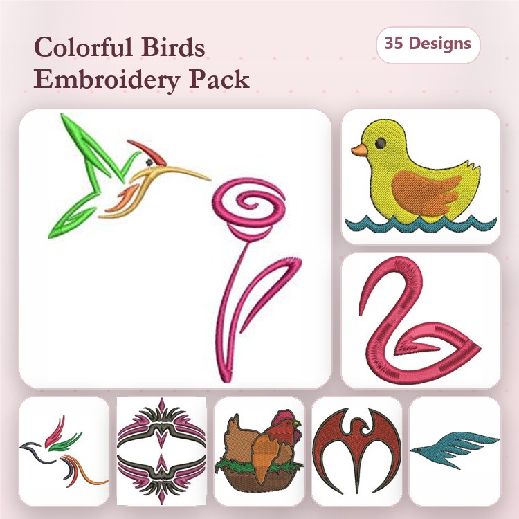 Colorful Birds Embroidery Designs Bundle – Hummingbird, Duck, Flamingo & More (35 Designs)