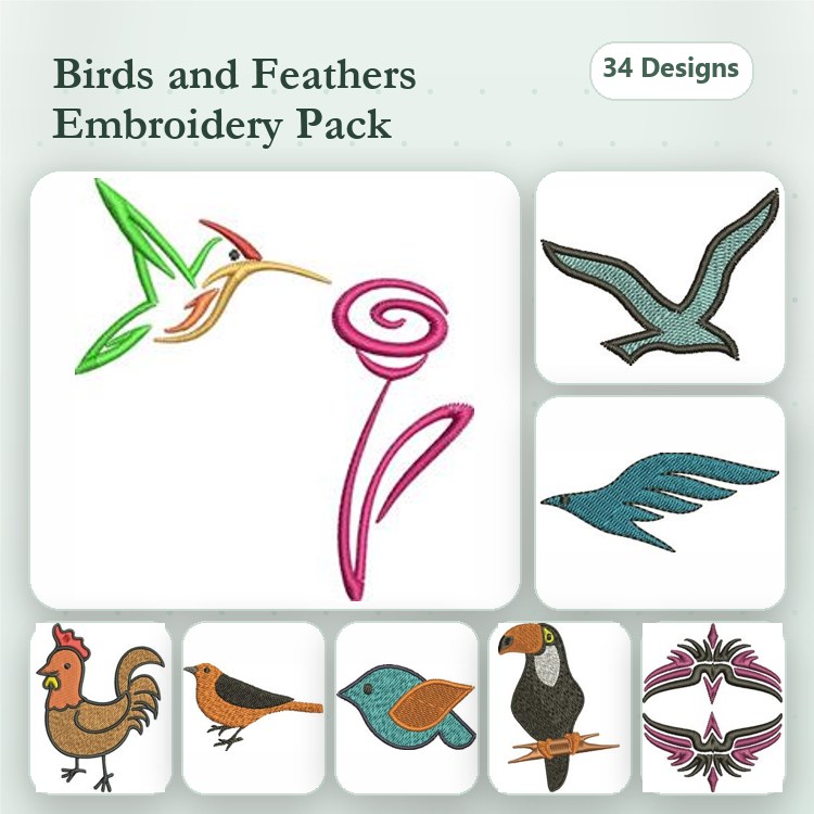 Birds & Flowers Embroidery Designs Bundle – Hummingbird, Rose, Seagull, Rooster & More (34 Designs)