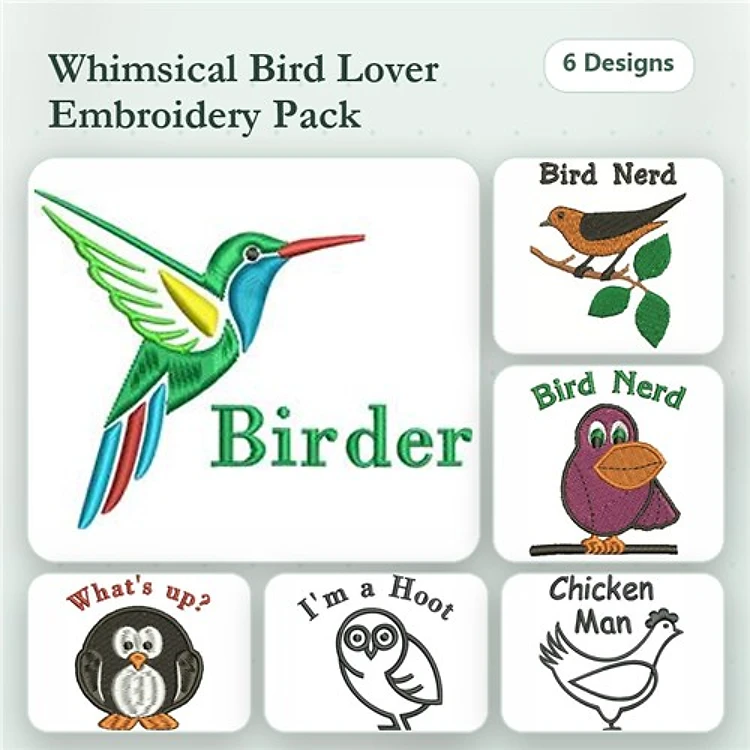 Bird Themes Embroidery Designs Bundle – Hummingbird, Bird Nerd, Singing Bird & More (6 Designs)