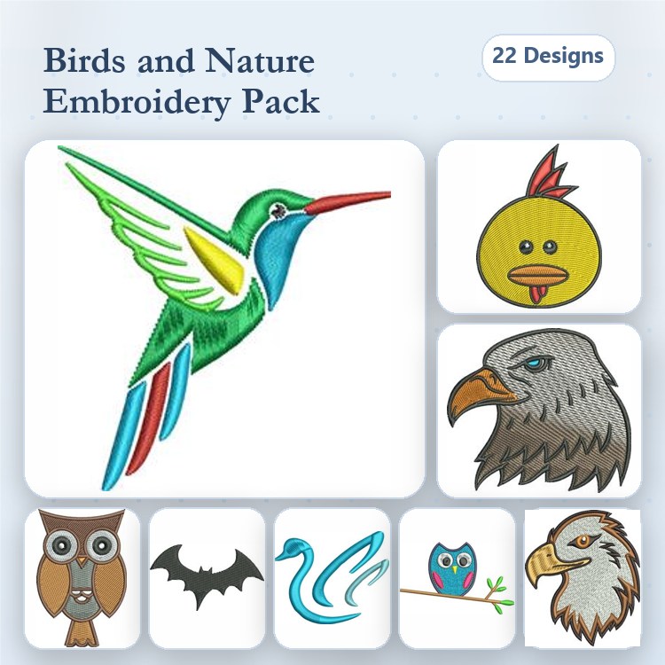 Birds and Nature Embroidery Designs Bundle – Hummingbird, Eagle, Owl & More (22 Designs)
