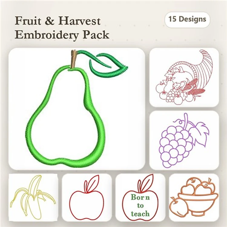 Redwork Fruit and Harvest Embroidery Bundle – Green Pear, Grapes, Cornucopia & More (15 Designs)