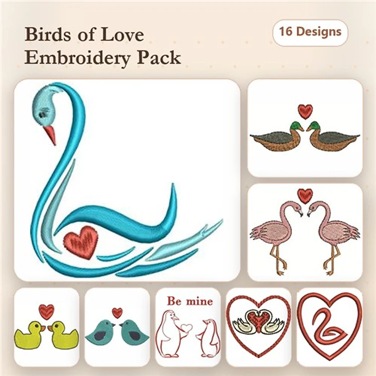 Love Birds Embroidery Designs Bundle – Swan with Heart, Ducks with Heart, Flamingos with Hearts & More (16 Designs)