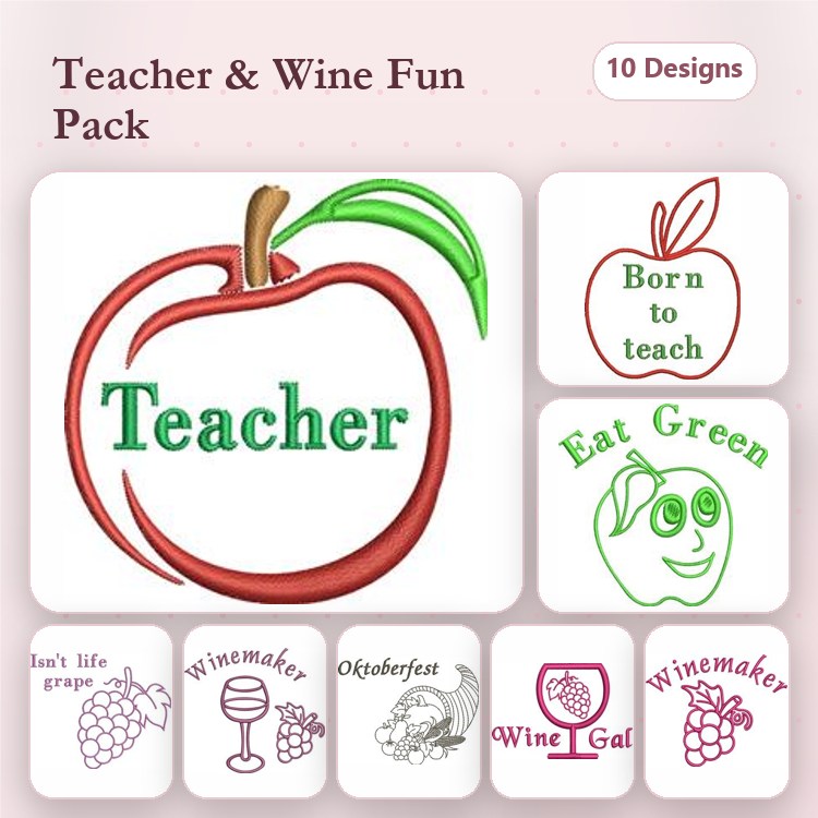 Teacher & Wine Embroidery Designs Bundle – Teacher Apple, Wine Gal, Winemaker & More (10 Designs)