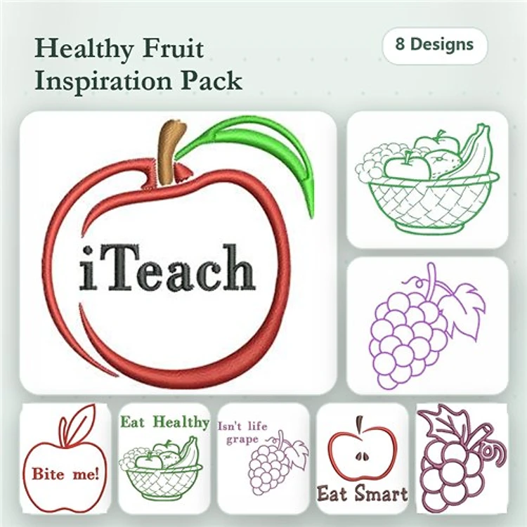 Redwork Healthy Fruit Embroidery Designs Bundle – Apple with Leaf, Basket of Fruits, Grapes & More (8 Designs)