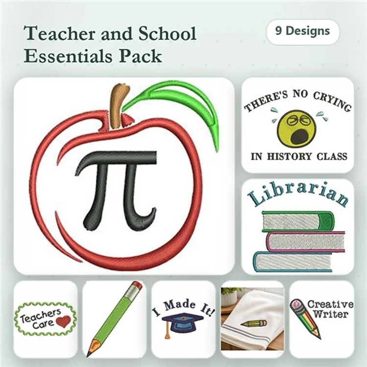 Teacher & School Embroidery Designs Bundle – Apple with Pi Symbol, There's No Crying in History Class, & More (9 Designs)