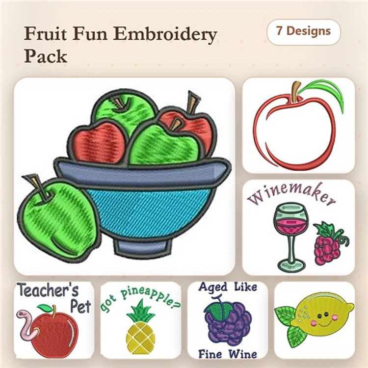 Fruit-Themed Embroidery Designs Bundle – Apple Bowl, Red Apple, Grapes, Pineapple & More (7 Designs)