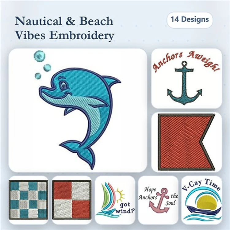 Nautical and Beach Embroidery Designs Bundle – Dolphin, Anchor, Red Flag & More (14 Designs)
