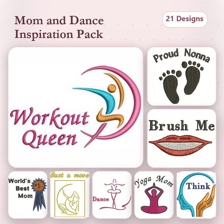 Mom and Dance Inspiration Embroidery Designs Bundle – Workout Queen, Proud Nonna, Footprints & More (21 Designs)