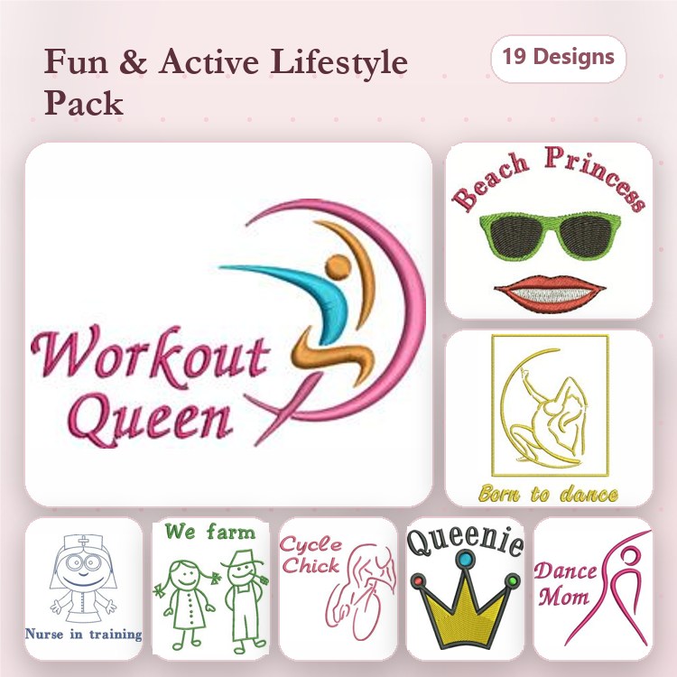 Active Lifestyle Embroidery Designs Bundle – Workout Queen, Beach Princess, Dance Mom & More (19 Designs)
