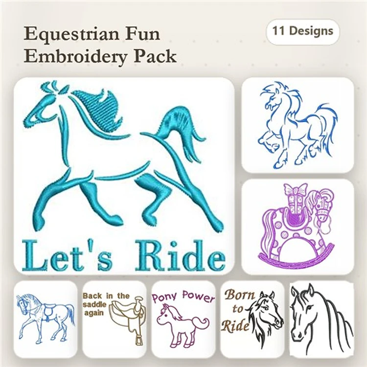 Equestrian Embroidery Bundle – Galloping Horse, Let's Ride, Pony Power & More (11 Designs)