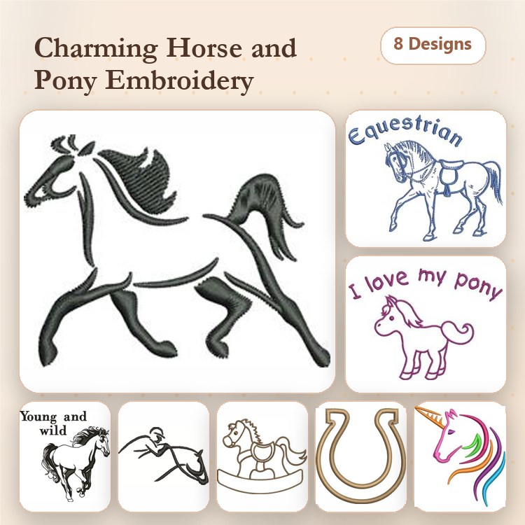 Horse and Pony Embroidery Bundle – Running Horse, Equestrian, I Love My Pony & More (8 Designs)