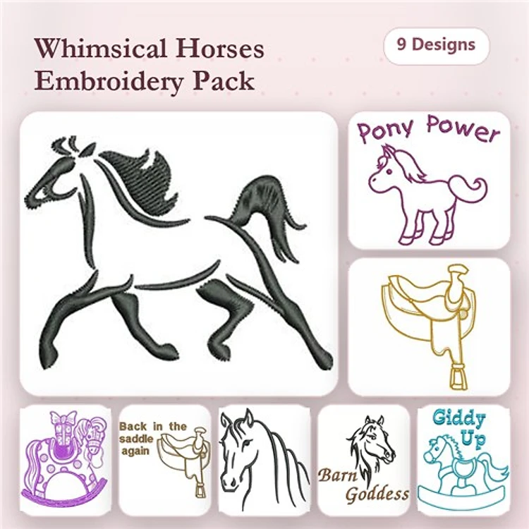 Whimsical Horses Embroidery Designs Bundle – Pony Power, Horse Outline, Giddy Up & More (9 Designs)