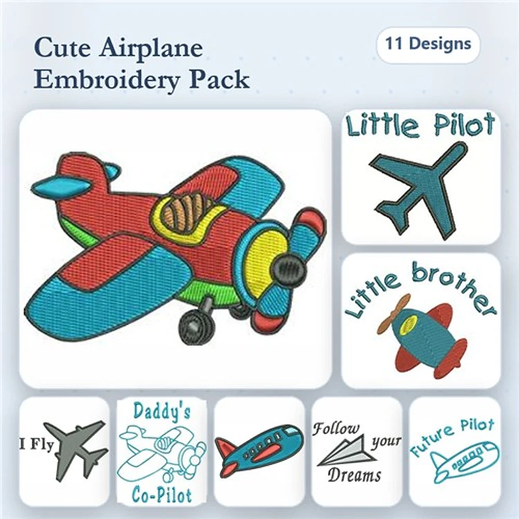 Airplane & Little Pilot Embroidery Designs Bundle – Daddy's Co-Pilot, Follow Your Dreams, Colorful Airplane & More (11 Designs)