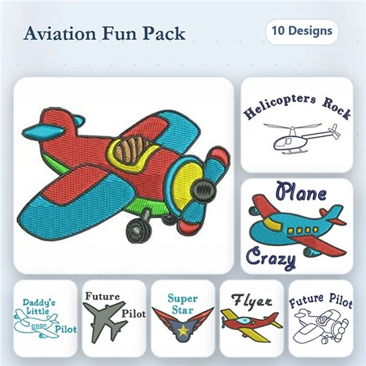 Aviation-Themed Embroidery Designs Bundle – Toy Airplane, Helicopter, Plane Crazy & More (10 Designs)