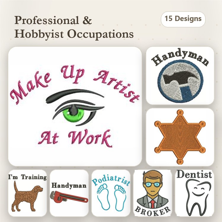 Professional Occupations Embroidery Designs Bundle – Make Up Artist, Handyman, Podiatrist & More (15 Designs)