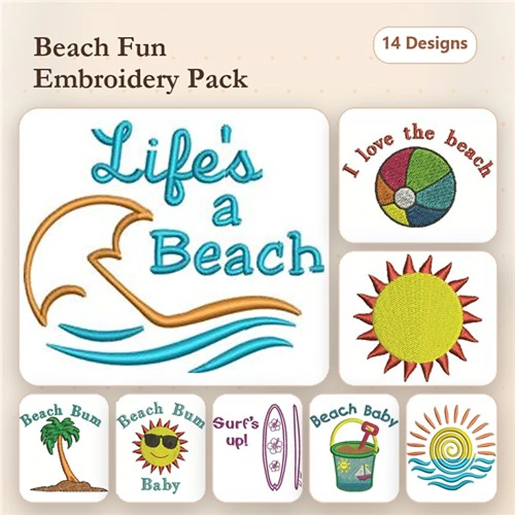 Beach-Themed Embroidery Designs Bundle – Life's a Beach, Beach Ball, Sunny Sun & More (14 Designs)